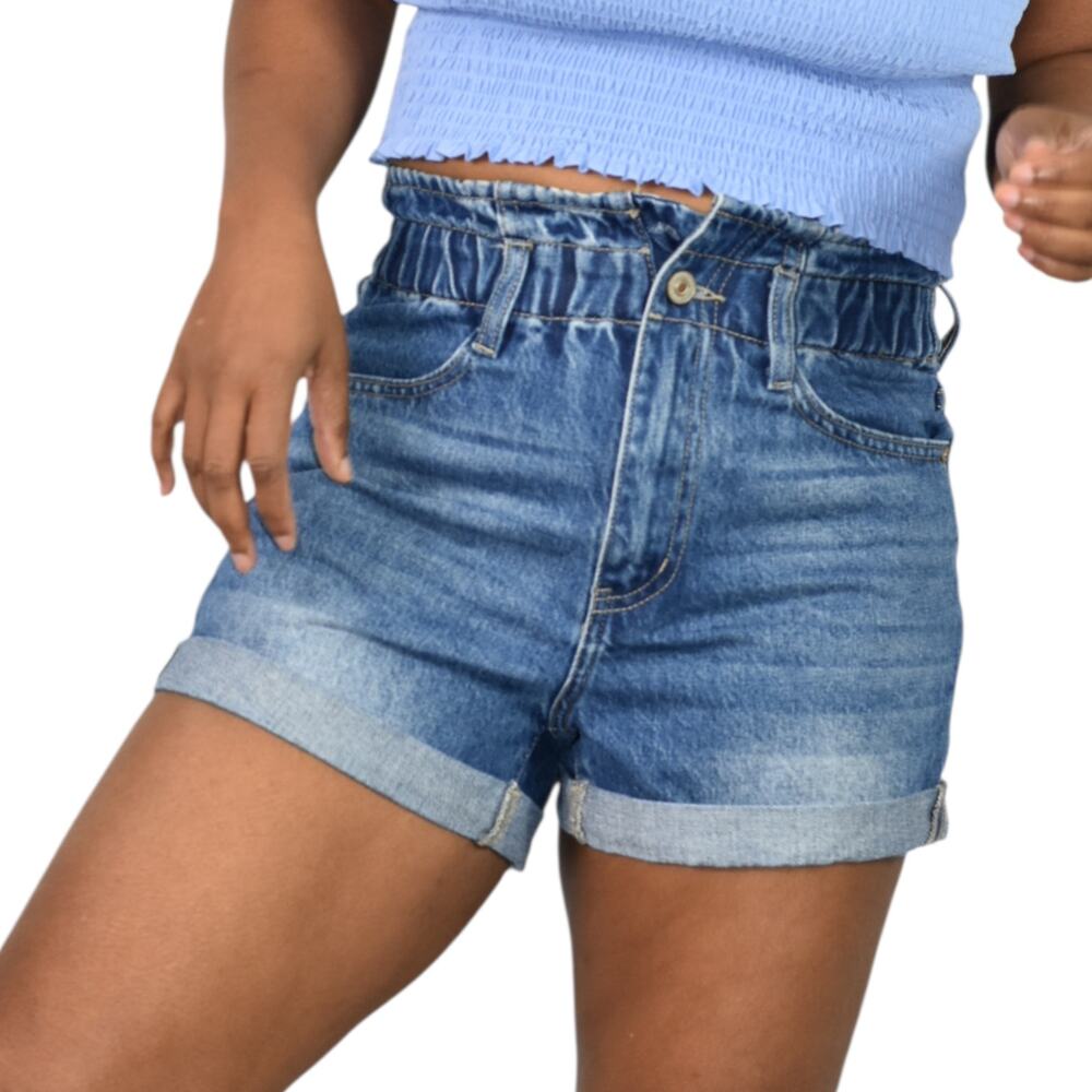 Kancan Denim Shorts Blue Ultra High Rise Paperbag Cuffed Elastic Waist Small
